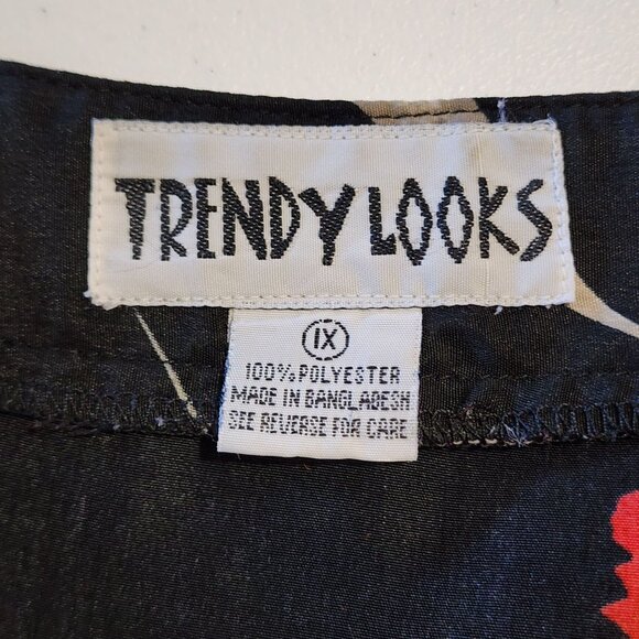 Trendy Looks Blouse 1X Red Black Floral Print Button Front Long Sleeve Shirt - Picture 6 of 7